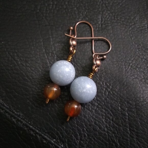 🍂🍁🍃 3/$25!!! Lightweight Fall Danglers! Slate Gray/Blue Stone + Russet Agates - Picture 1 of 9